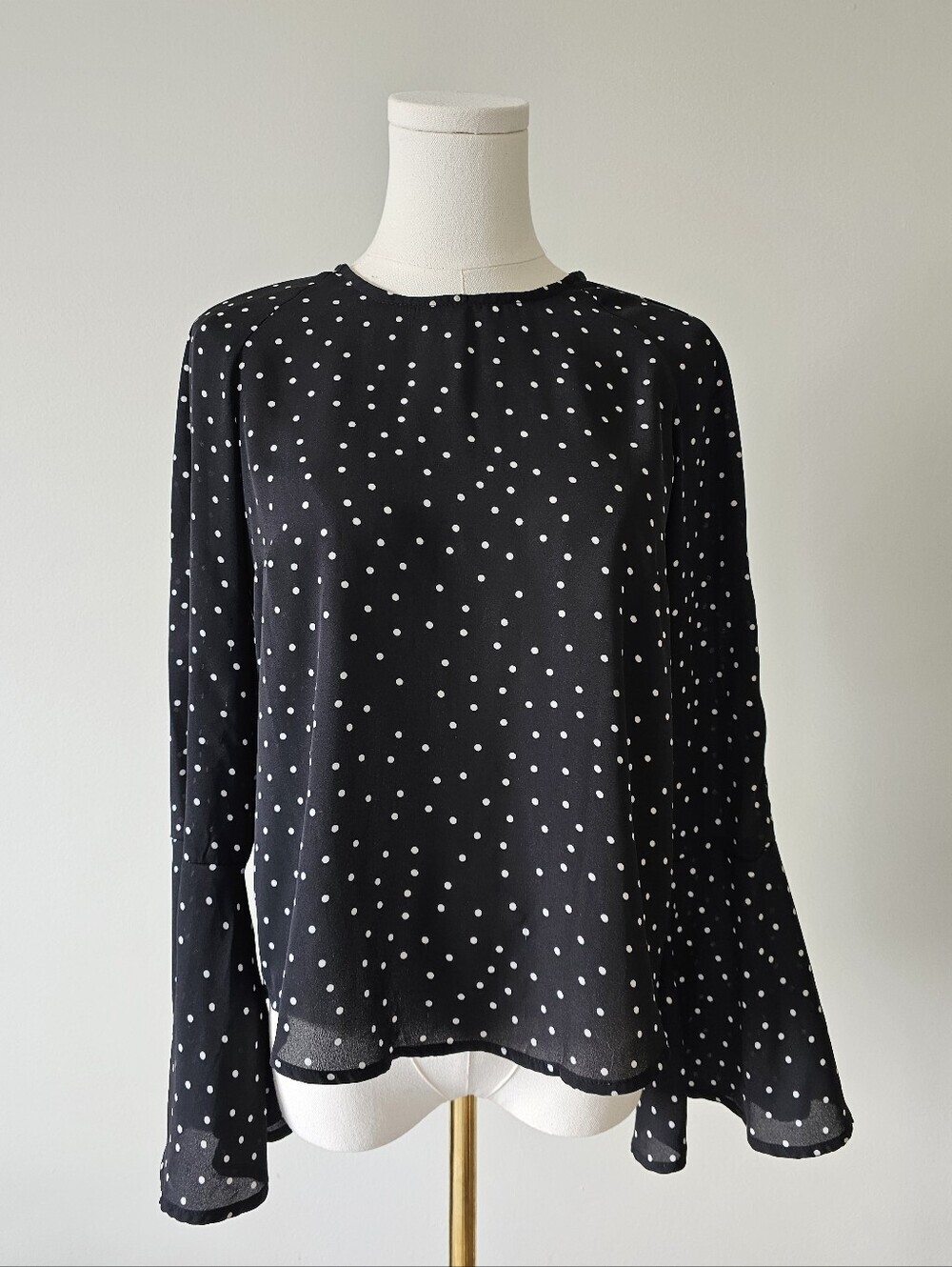 Dex S sheer Black Polka Dot Long-Sleeve Bell Blouse